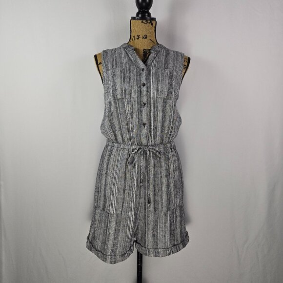 Kelly Reneé Sleeveless Striped Linen Romper Gray Button Front Drawstring S - Picture 1 of 8